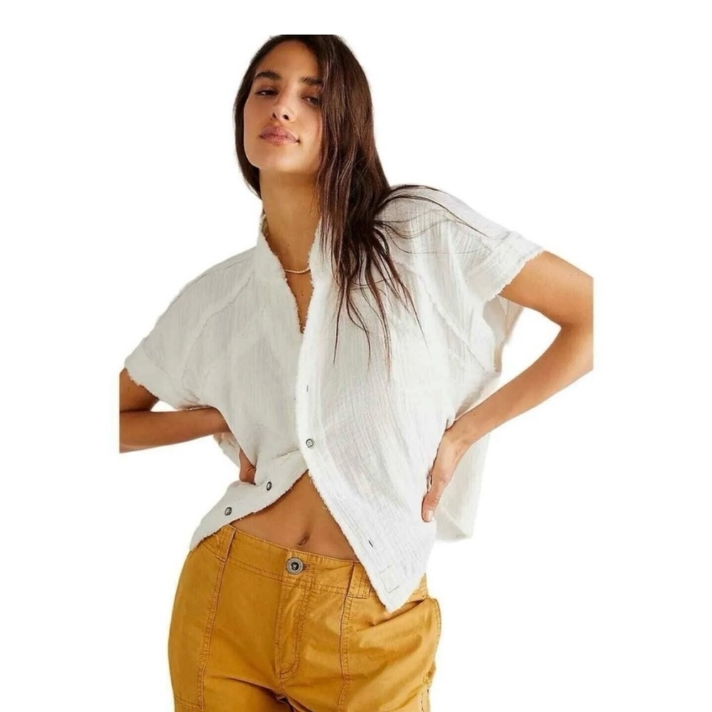 We The Free Raw Hem Short Sleeve Button Down